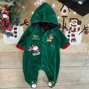 Vintage 90s Baby’s First Christmas Velour Outfit Plaid Hooded One Pc 0-3 Months